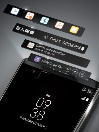 A render of the LG V20 and the various contexts for the Second Screen, such as showing a list of apps, showing your notifications and the time, showing your upcoming Calendar event, or showing your music player.